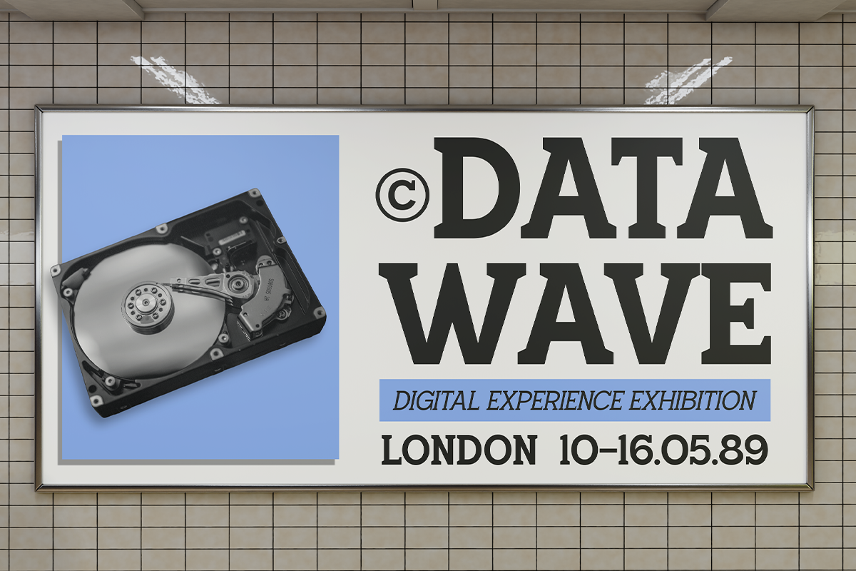 Retro exhibition poster with hard drive on blue background, bold typography for Data Wave event