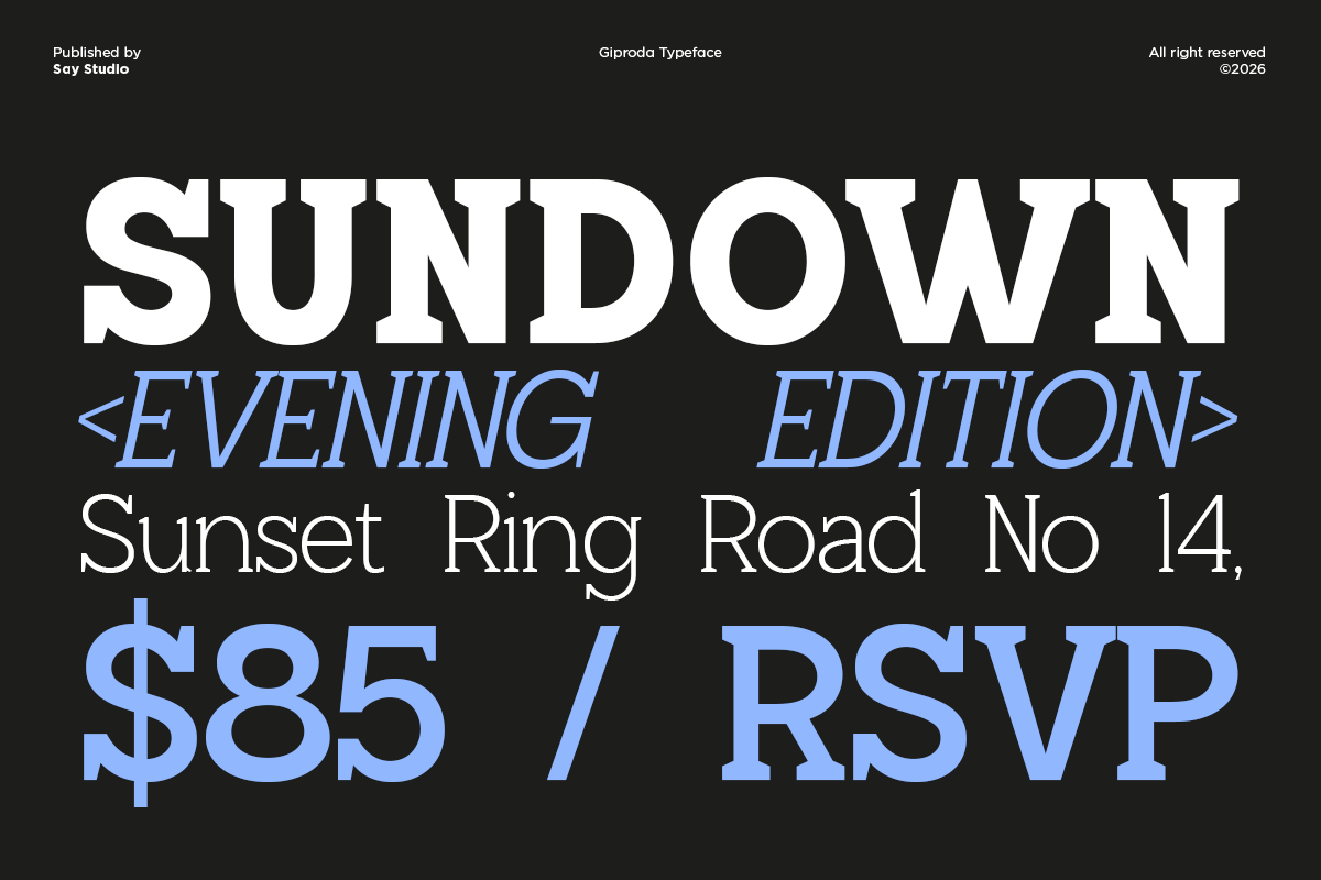 Sundown Evening Edition event flyer with bold white typography, blue italicized details on dark background