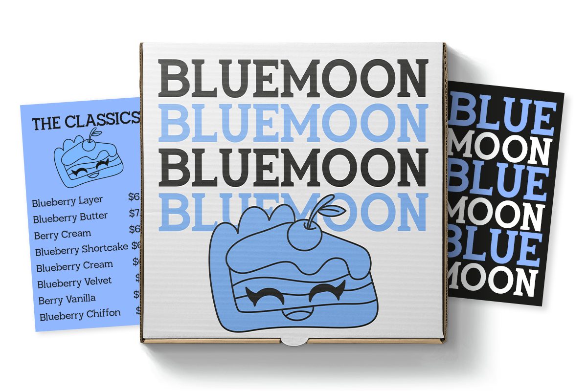 Bluemoon bakery box mockup with cute cake illustration, menu card, plus matching black label variation showing typography options