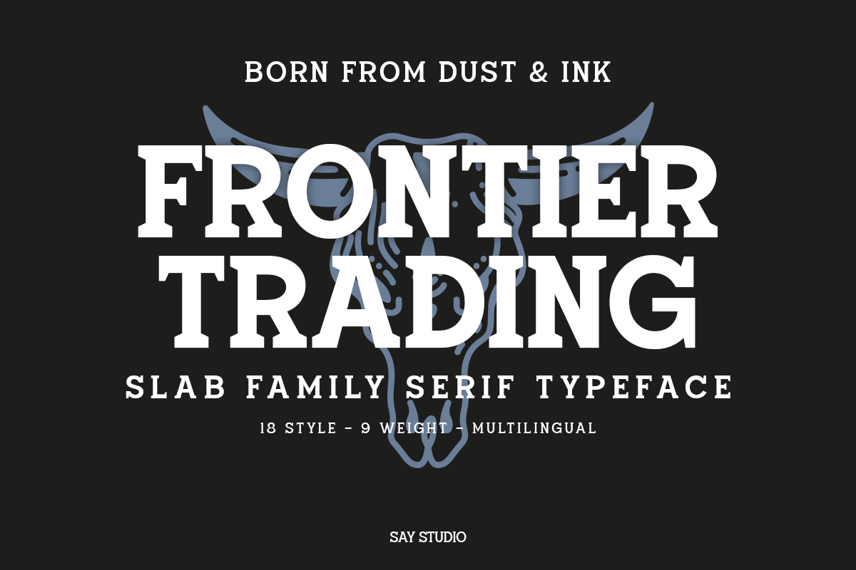 Frontier Trading slab serif font with blue bull skull graphic on black background