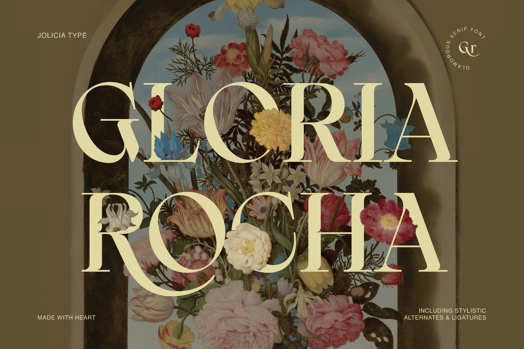 Gloria Rocha serif font displayed over lush vintage florals in arched stone frame