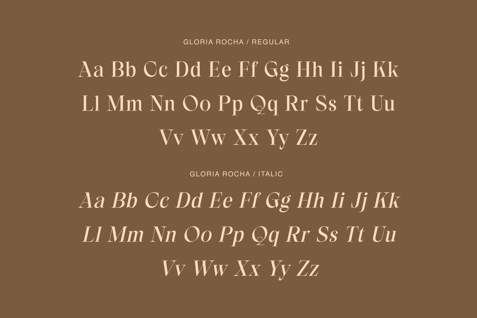Gloria Rocha font family showing regular plus italic styles on warm brown background