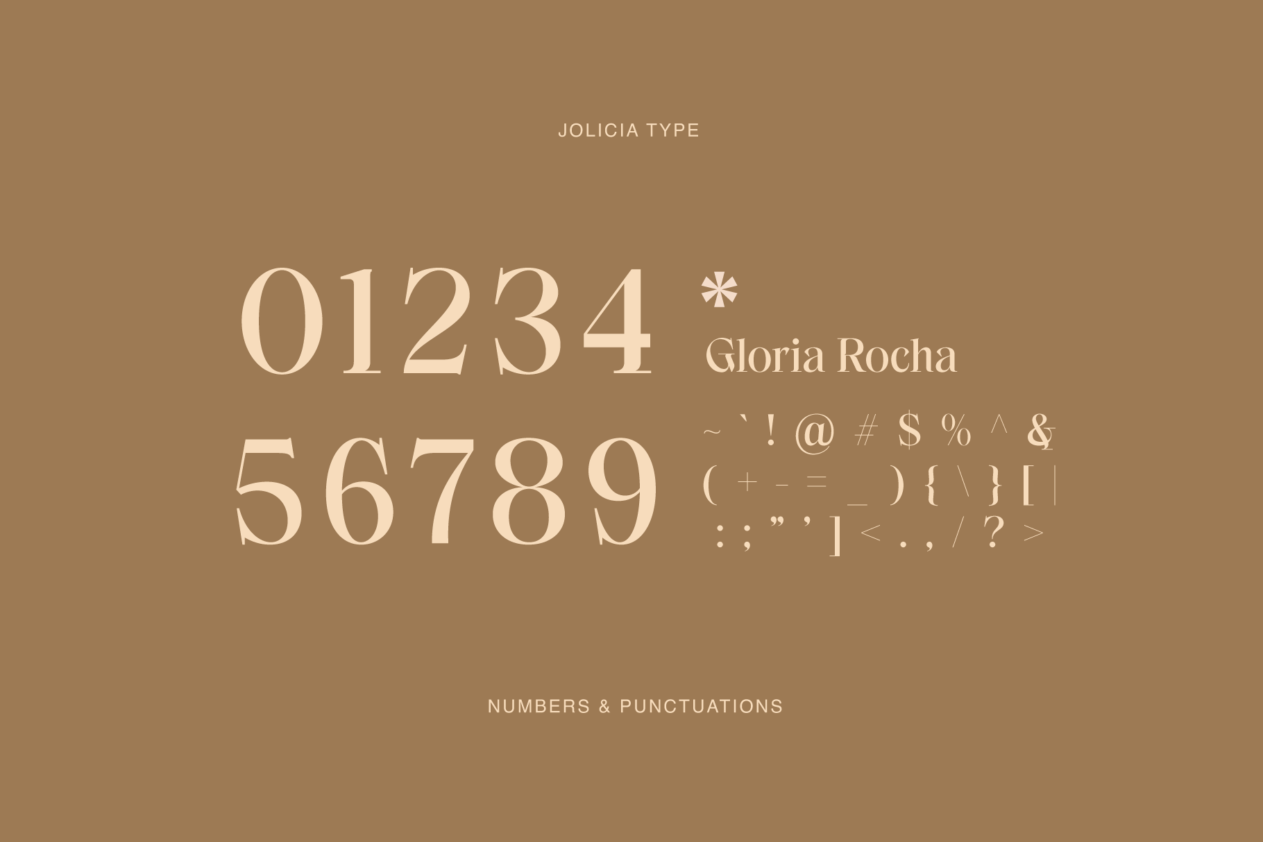 Jolicia Type font showing numbers, punctuation, symbols on warm tan background
