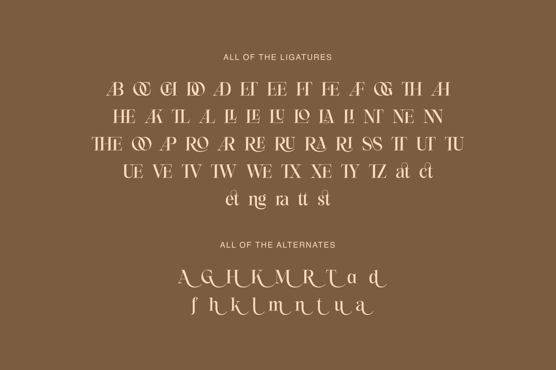 Elegant serif font showing all ligatures plus alternate characters on warm brown background