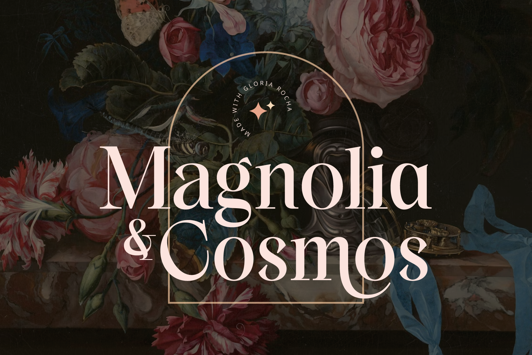 Elegant serif typography overlaid on moody dark floral background with pink roses, blue botanicals, gold circle frame