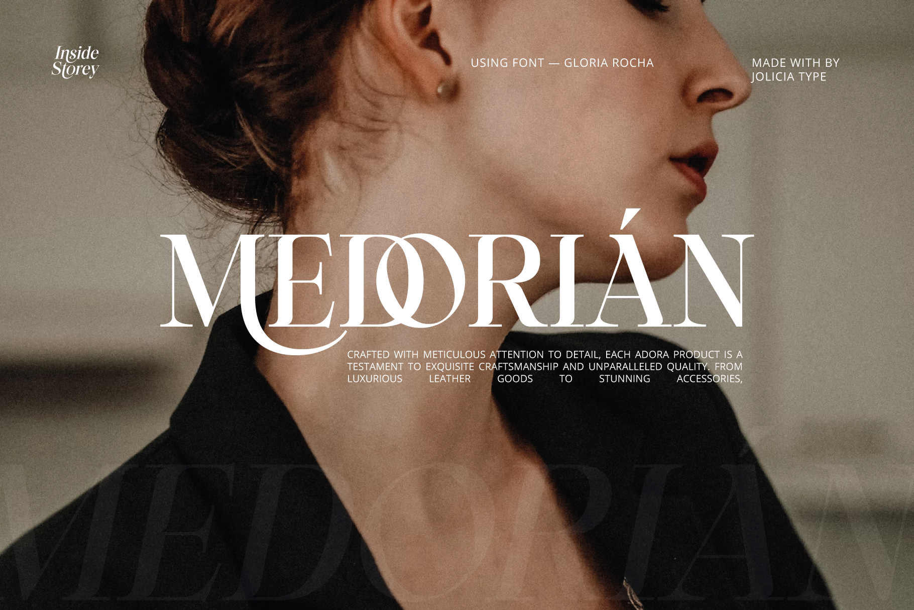 Luxury fashion website header with woman in profile, oversized serif typography spelling "MEJORÍAN" in white, neutral earth tone background