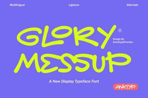 Glerky Messup font in neon yellow on purple with multilingual, ligature, alternate options