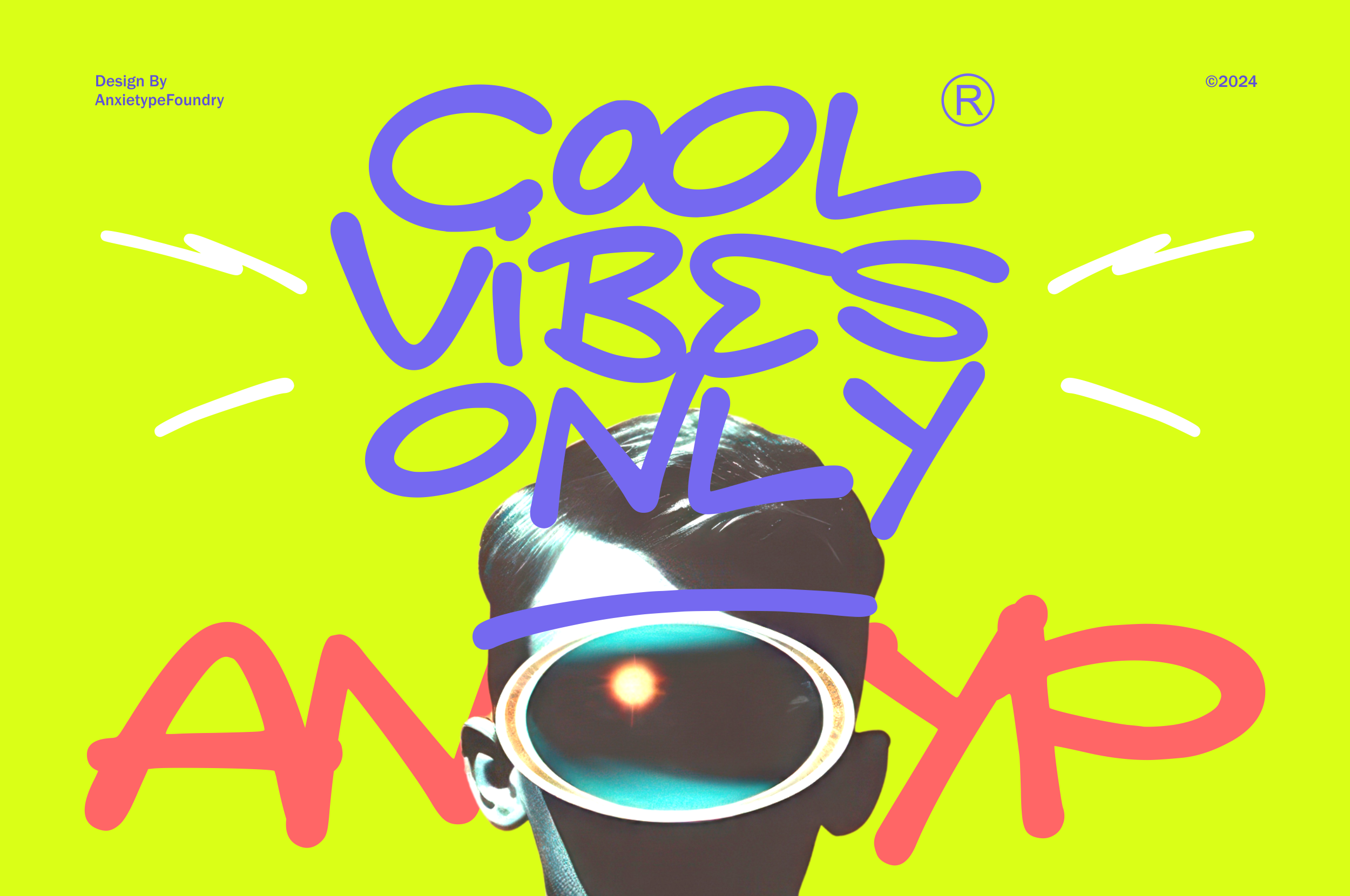 Neon yellow background with blue bold typography reading "Cool Vibes Only" over futuristic robot head with glowing eyes