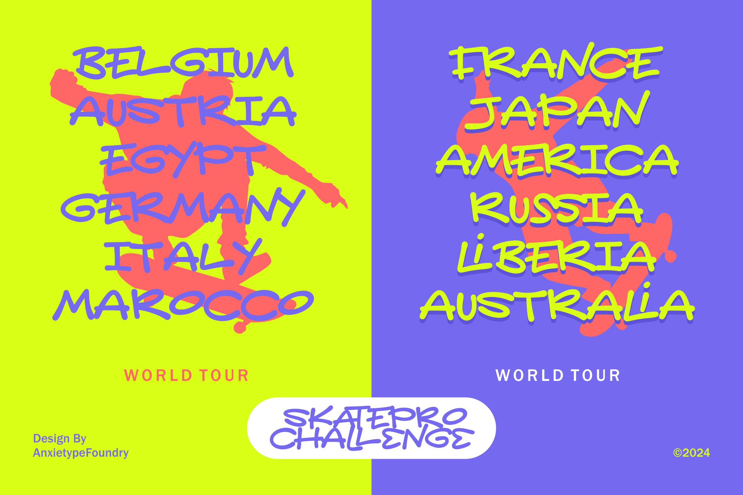 Split screen world tour poster with neon yellow, blue, coral map shapes over lime green plus purple backgrounds