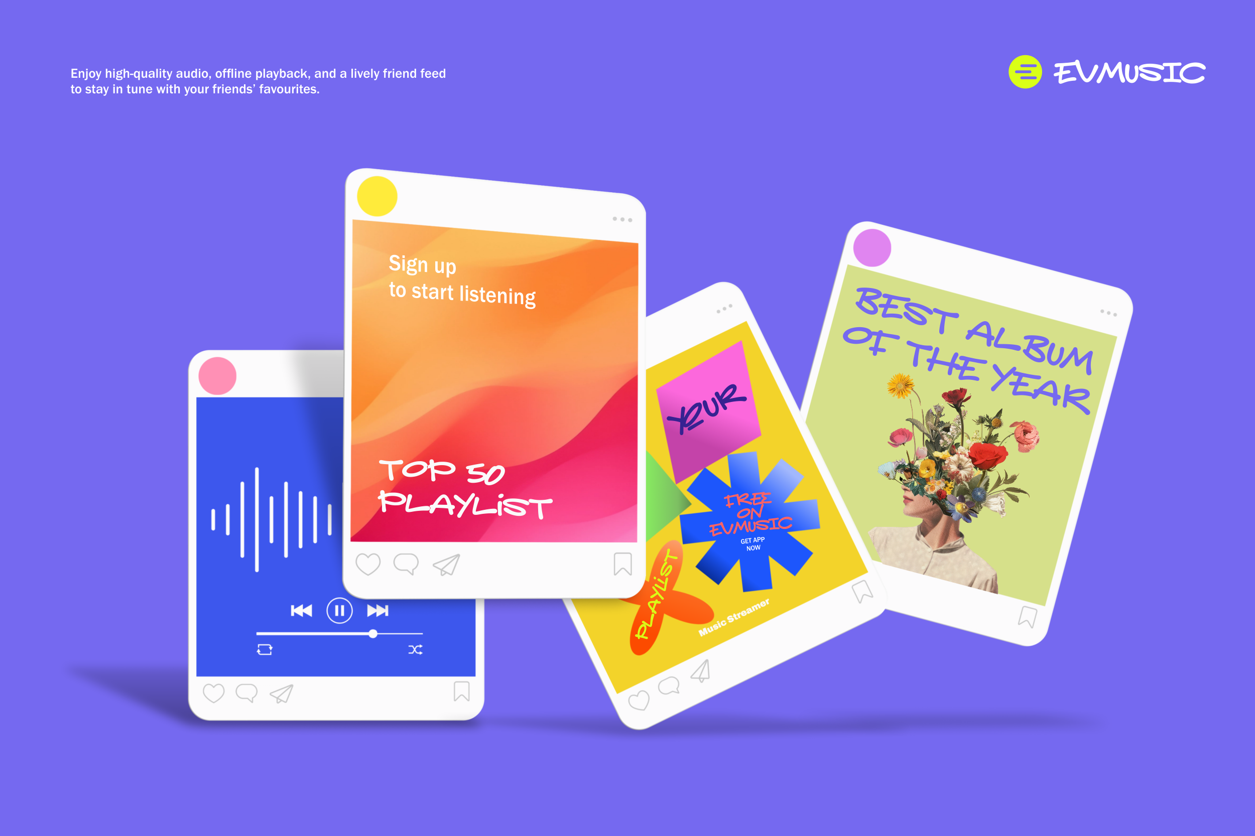 Mobile music app screens showing playlists, player controls, social feed on vibrant purple background