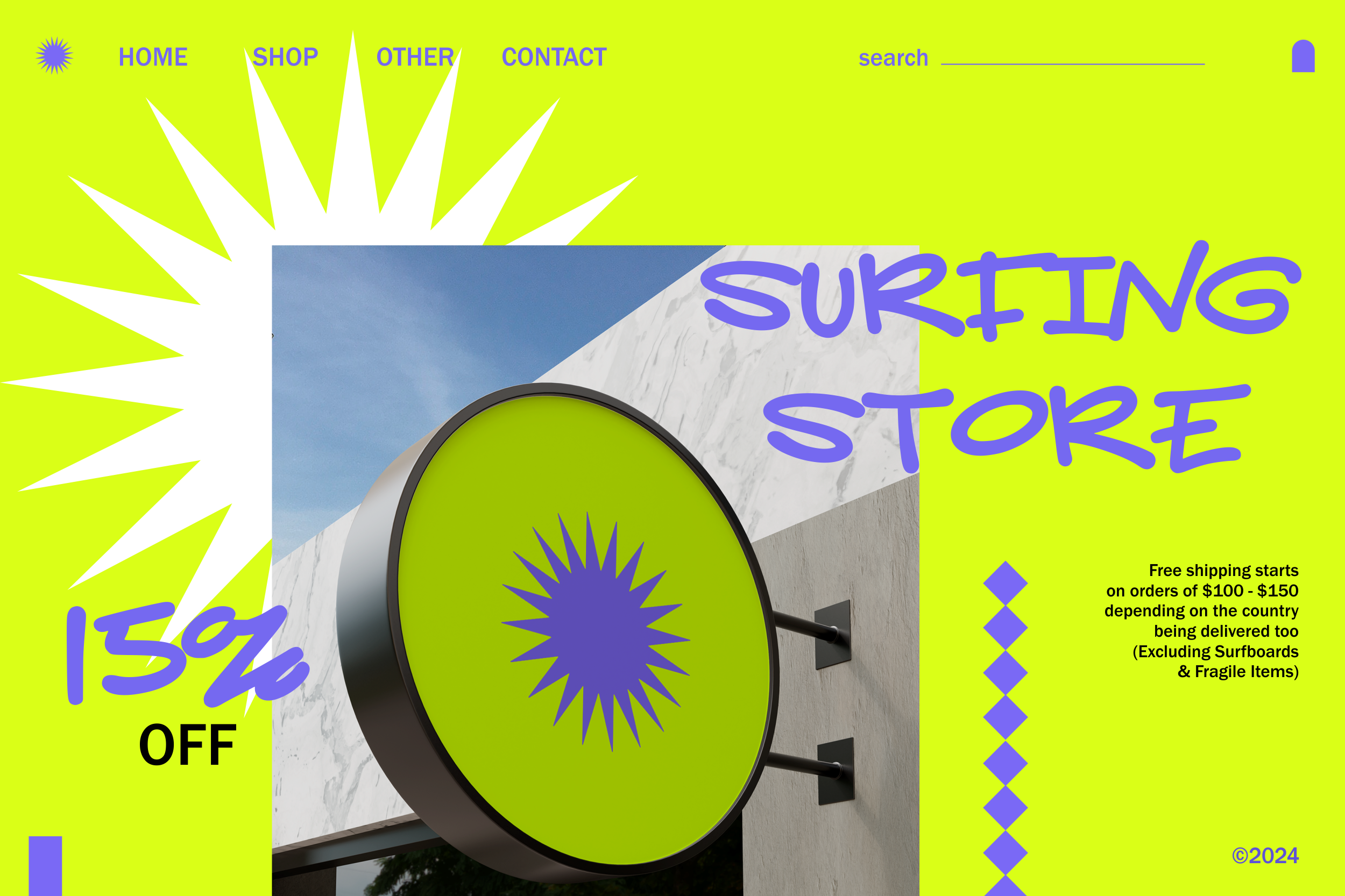 Bright neon yellow website homepage with lime green circular storefront sign, purple text overlay, white sunburst graphics