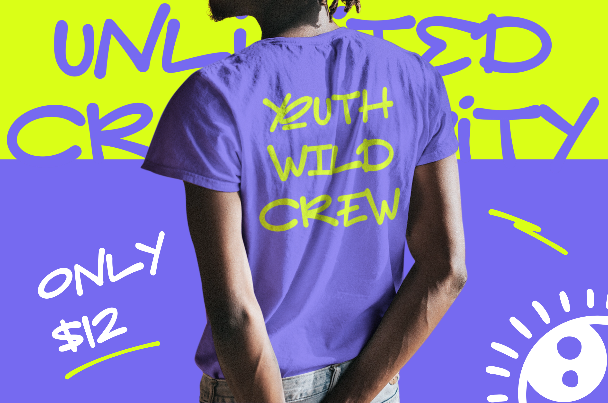 Purple tee with Youth Wild Crew back print on neon yellow to blue gradient background mockup
