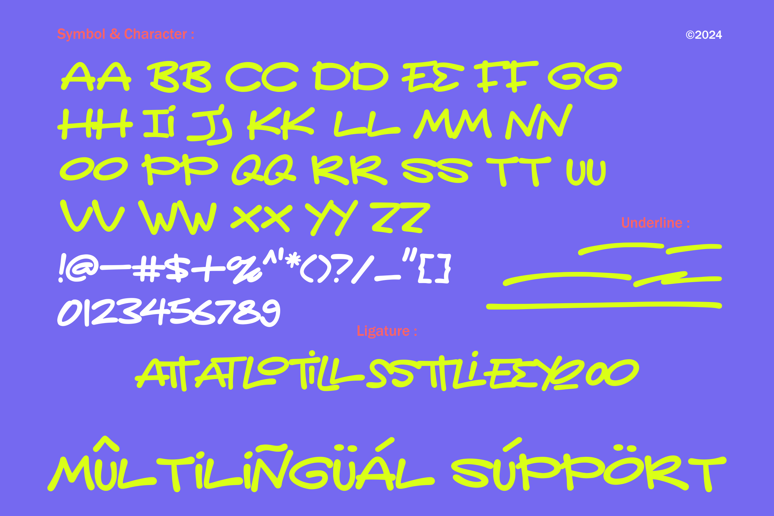 Bright yellow typeface on purple showing full alphabet, numbers, symbols, underlines plus multilingual support