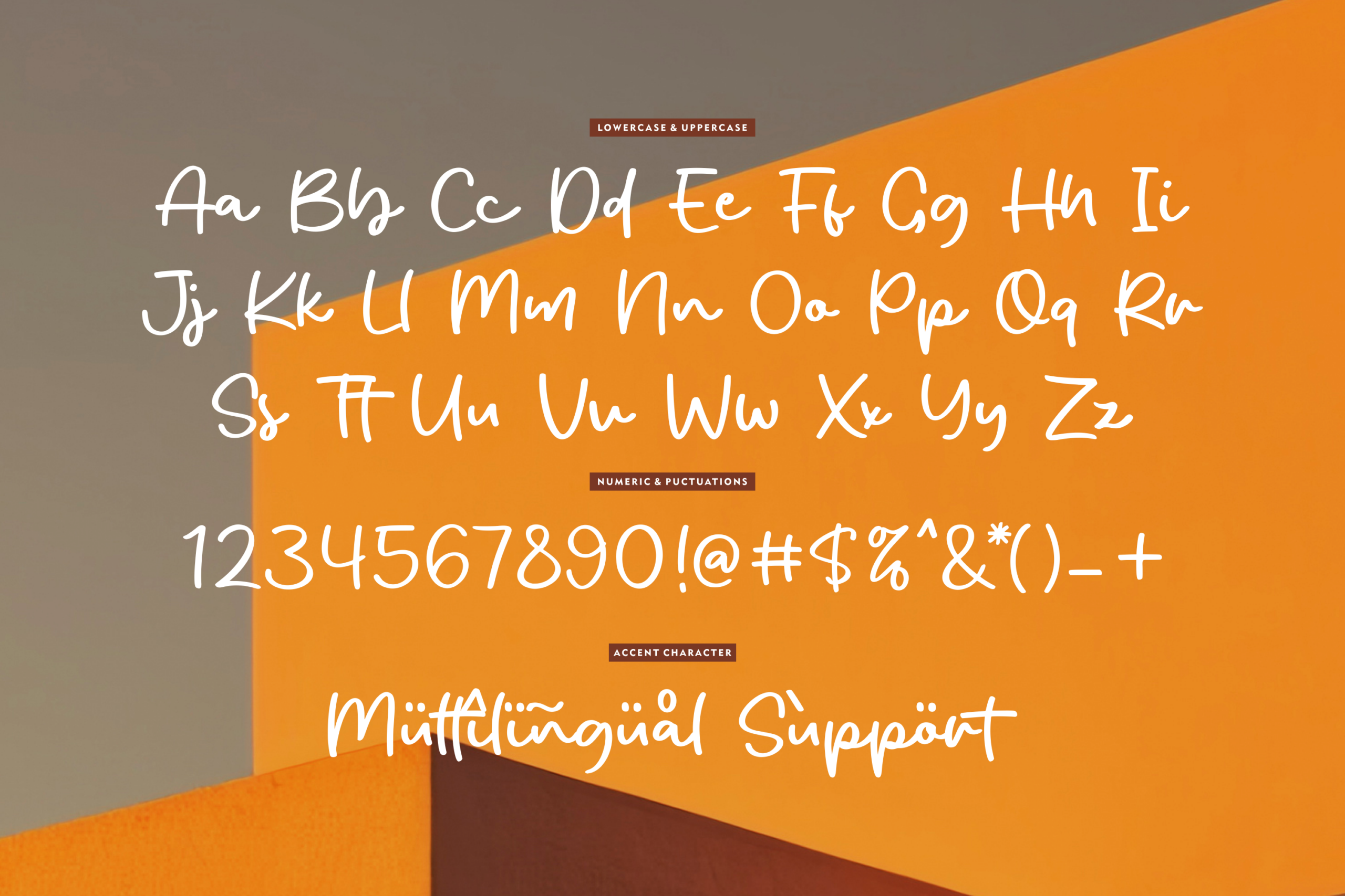 Handwritten script font displaying full alphabet, numbers, punctuation, plus multilingual accents on orange geometric background