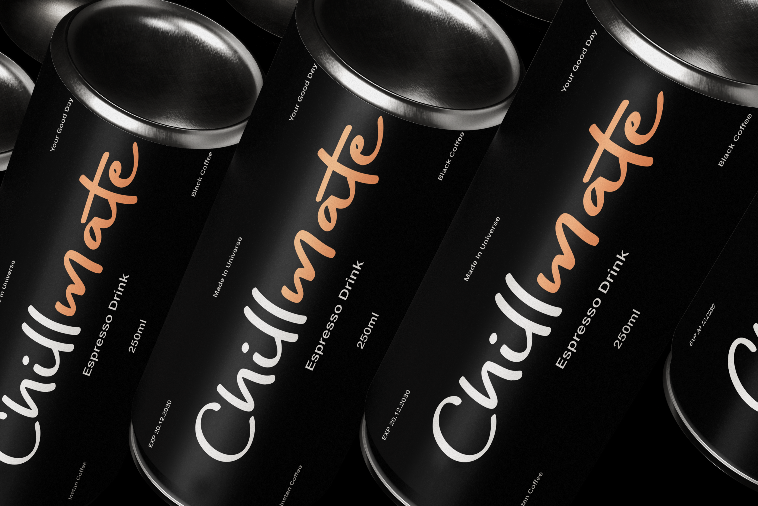 Black espresso cans with peach logo, sleek metallic finish mockup for branding