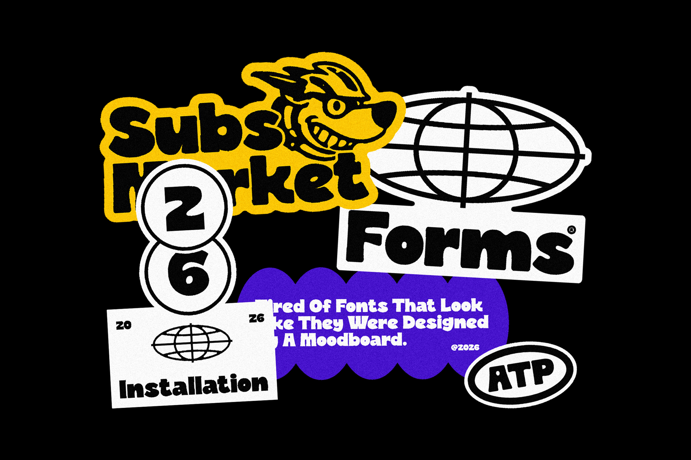 Retro collage of yellow, white, blue badges with playful mascots, globes, type specimens on black