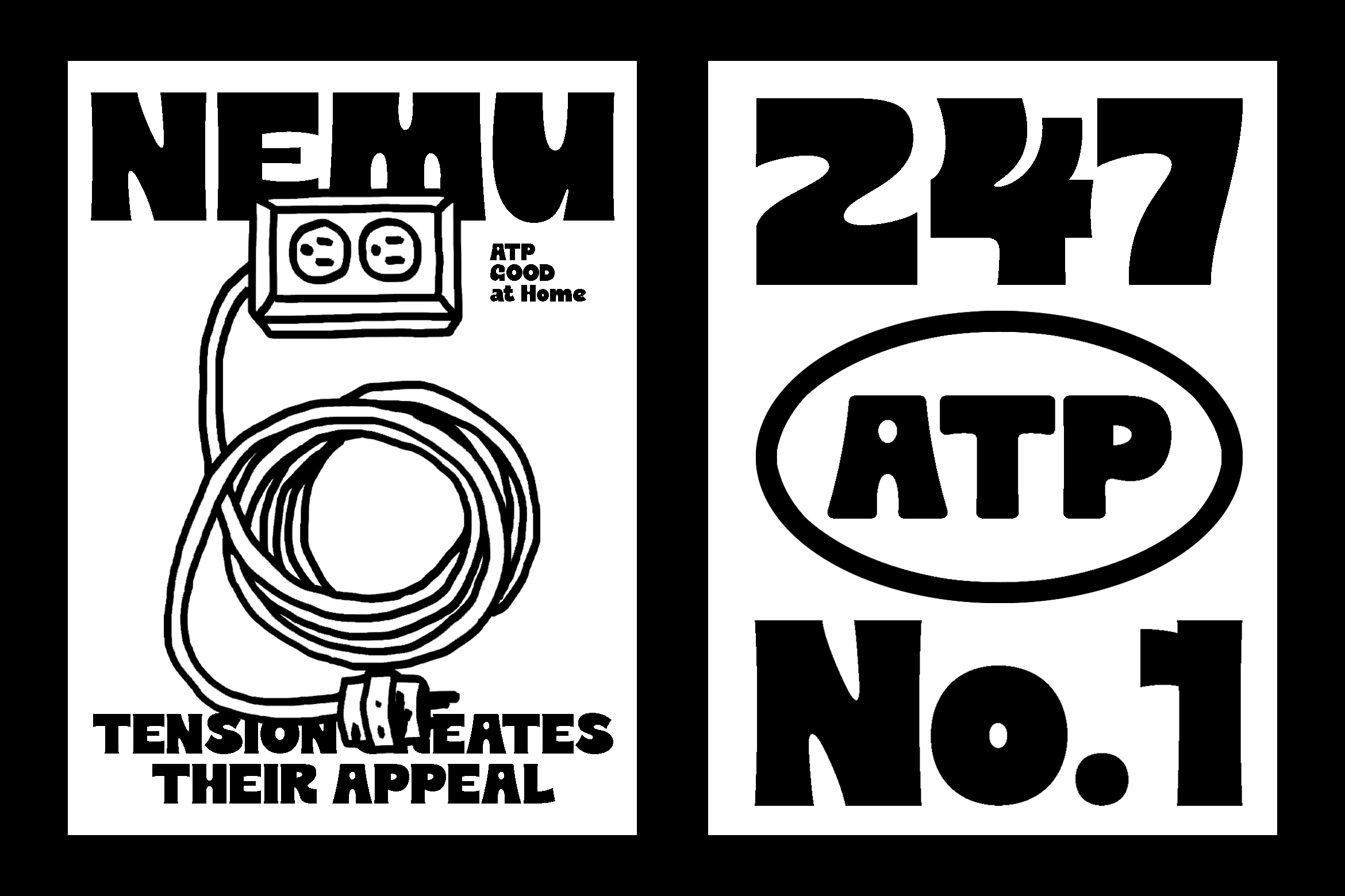 Bold black typography posters with coiled electrical cord, outlet socket, oval badge logos on white backgrounds