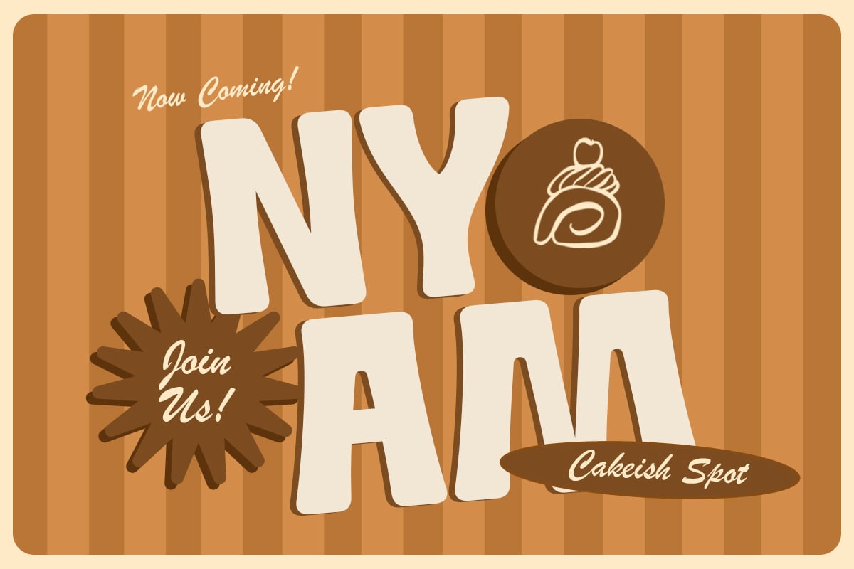 Retro bakery poster with big cream letters spelling NY on warm striped background, cute cake icon