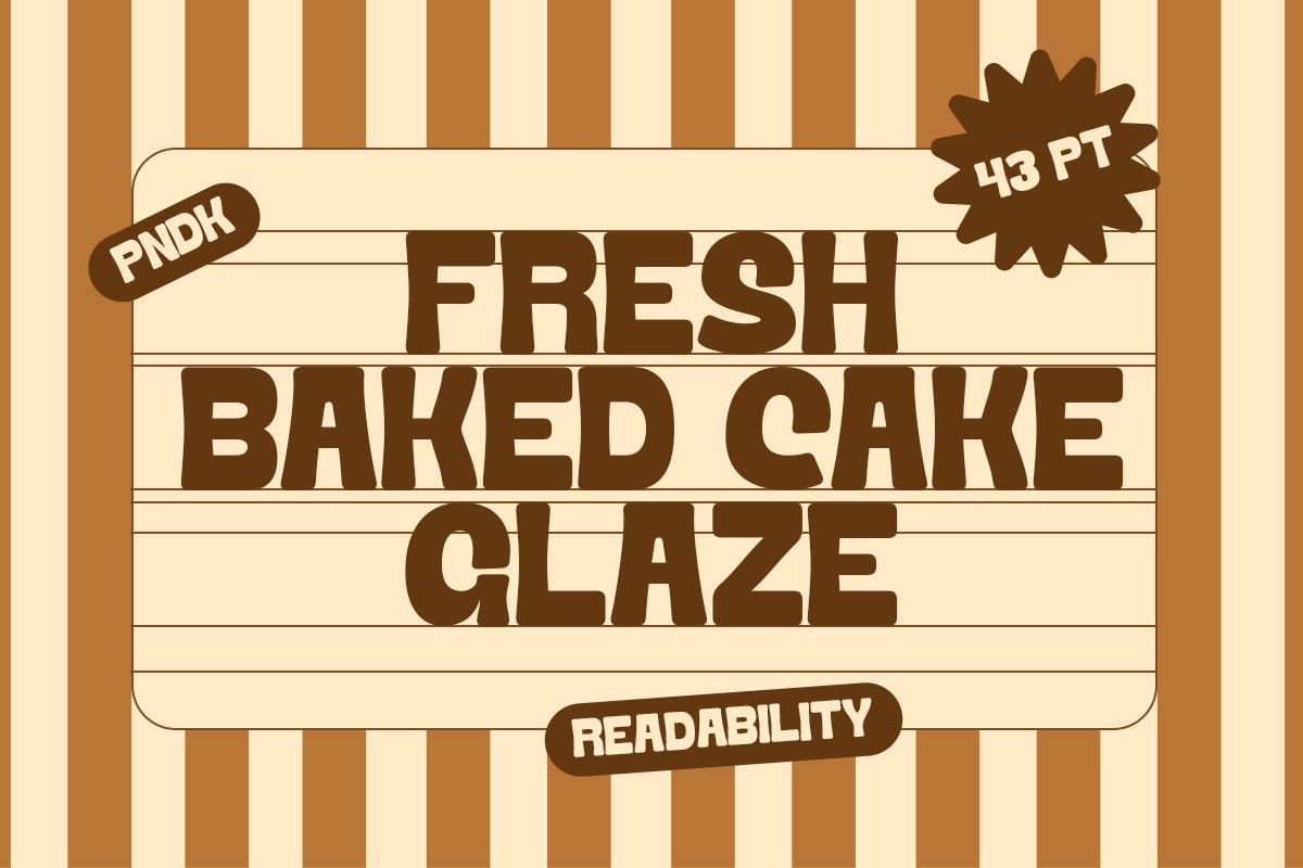 Retro bakery poster with bold brown type saying "Fresh Baked Cake Glaze" on striped background