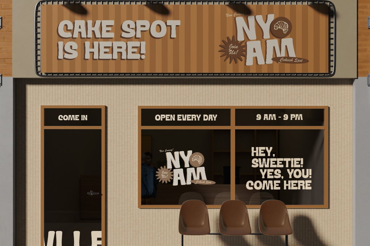 Retro bakery storefront mockup with tan brick, wood trim, bold signage for NY Ann Cake Spot
