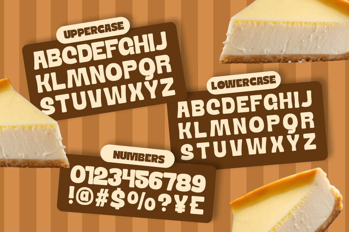 Retro cheesecake font with uppercase, lowercase, numbers plus symbols on striped background