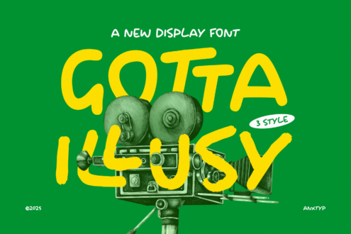 Gotta Jucky display font in bright yellow with 3 styles, vintage film camera illustration on green background
