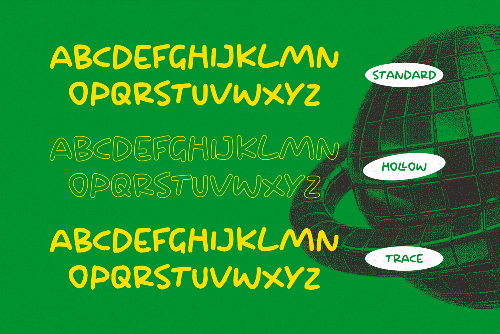 Bright yellow sans serif font showing three weight variations: solid, hollow outline, trace on vibrant green background