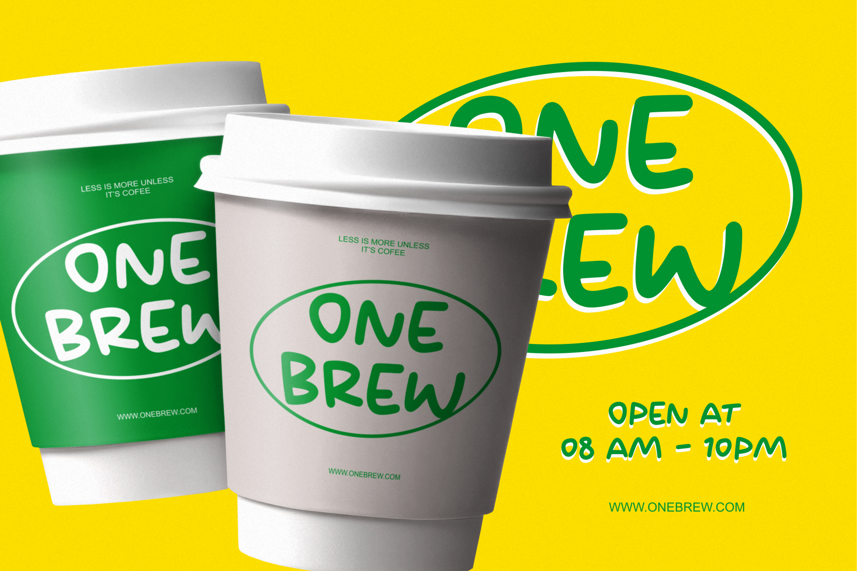 Coffee cup mockup with green branding on bright yellow background, 3D rendered