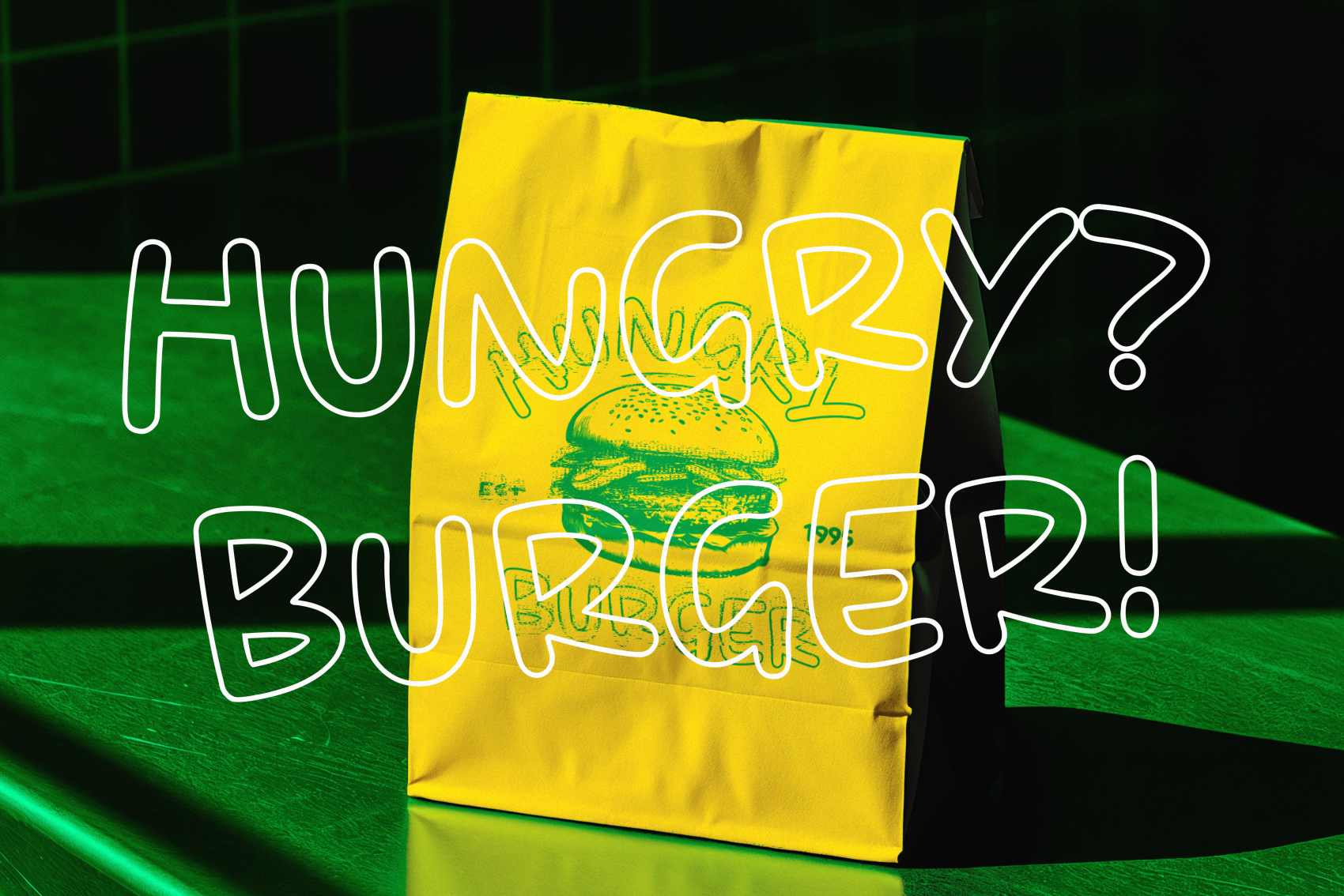 Neon "Hungry Burger" text overlaid on yellow food bag mockup with green burger illustration