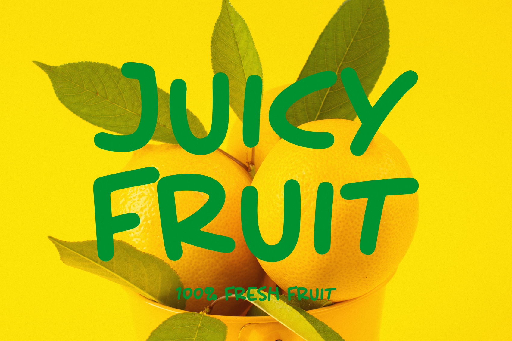 Bright yellow background with fresh oranges, green leaves, bold teal typography reading "Juicy Fruit"