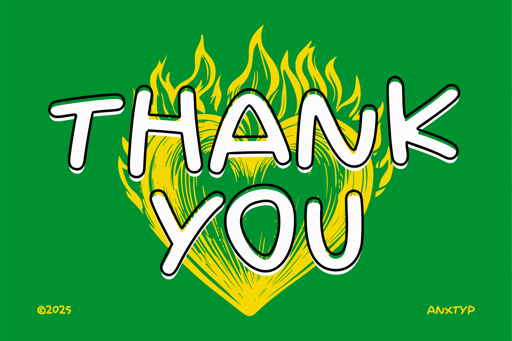 Bold "Thank You" text with flames on bright green background