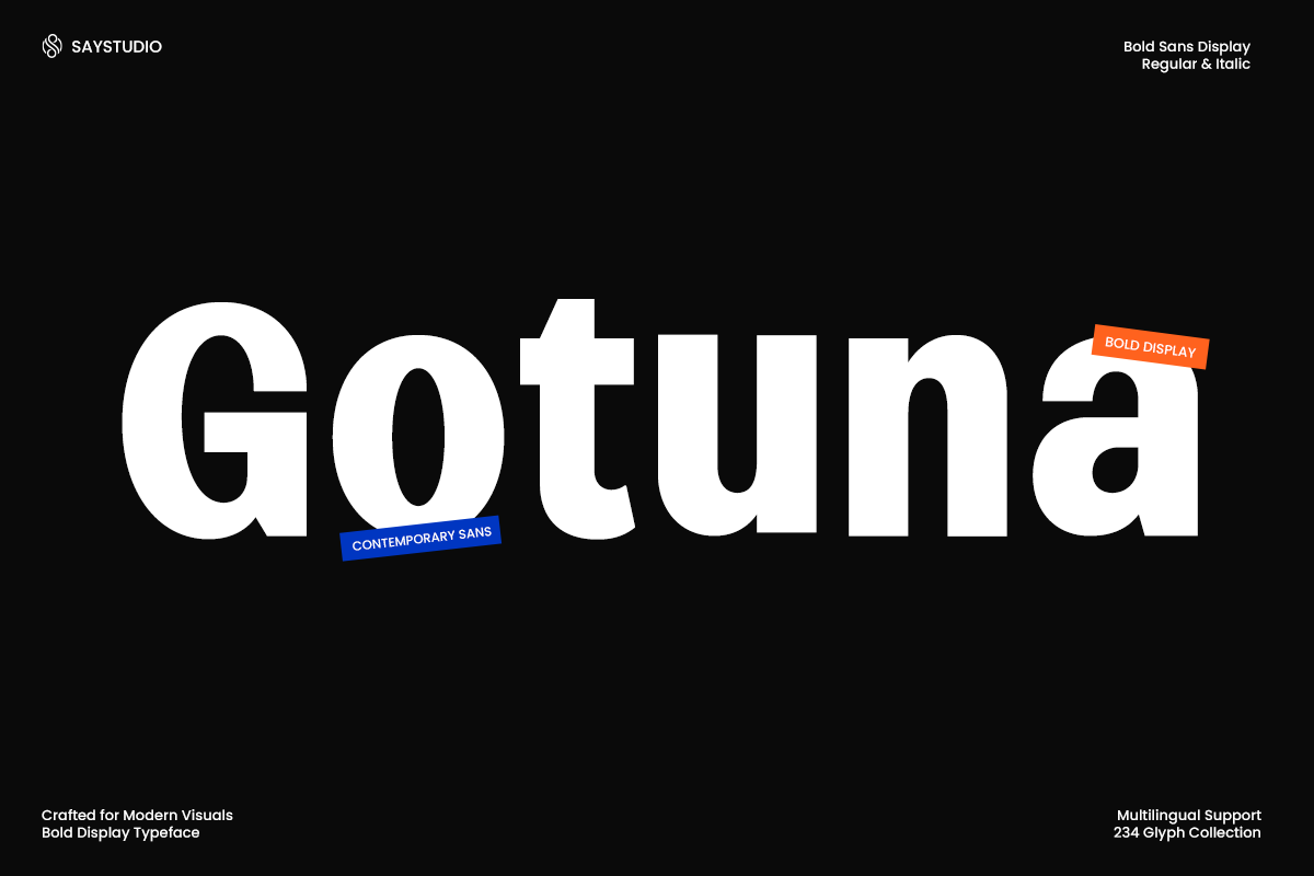 Gotuna bold sans display font with colored label badges on black background
