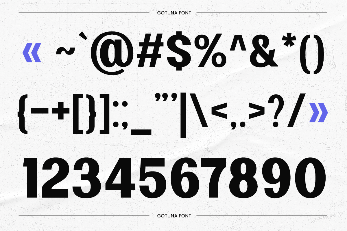 Gotuna font displaying special characters, punctuation, numbers on textured background