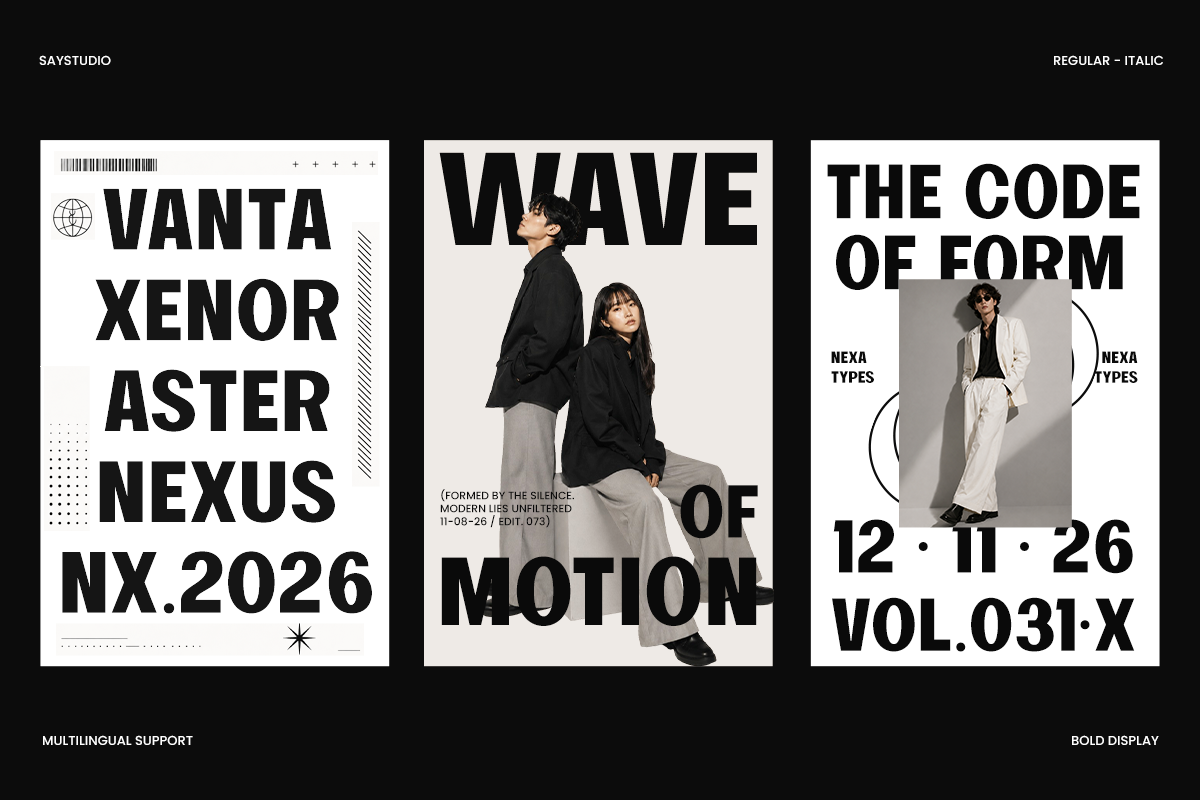 Three bold modernist poster designs with oversized sans serif typography, model photography, geometric elements on black backgrounds