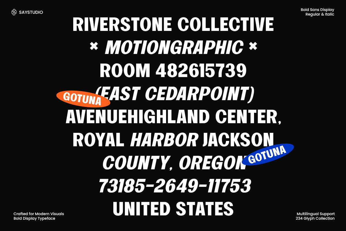 Bold typographic layout with location details, orange plus blue accent marks on black background