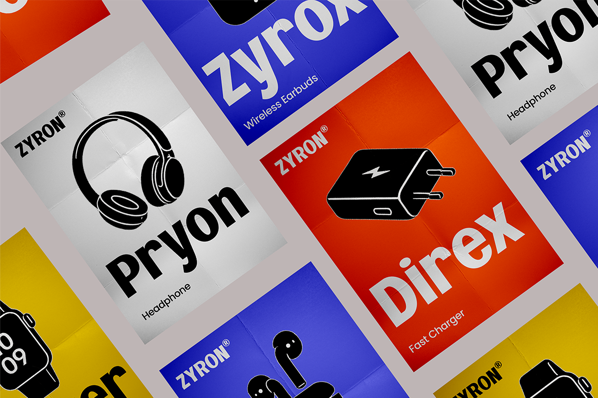 Colorful tech product boxes in red, blue, yellow displaying headphones, charger, earbuds with bold typography