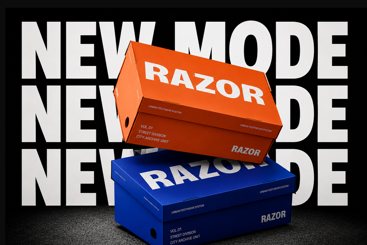Stacked sneaker boxes in orange, blue with bold RAZOR branding against black background