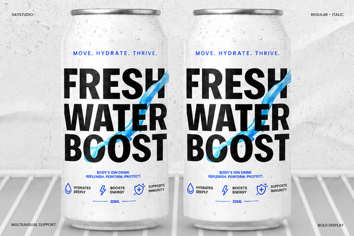Two cans of Fresh Water Boost energy drink with bold black typography, blue accents, condensation droplets, metallic lids on concrete surface