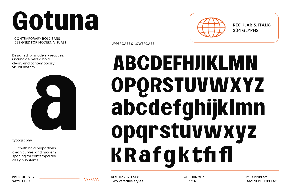 Gotuna bold sans serif typeface showing uppercase, lowercase, multilingual glyphs with regular plus italic styles