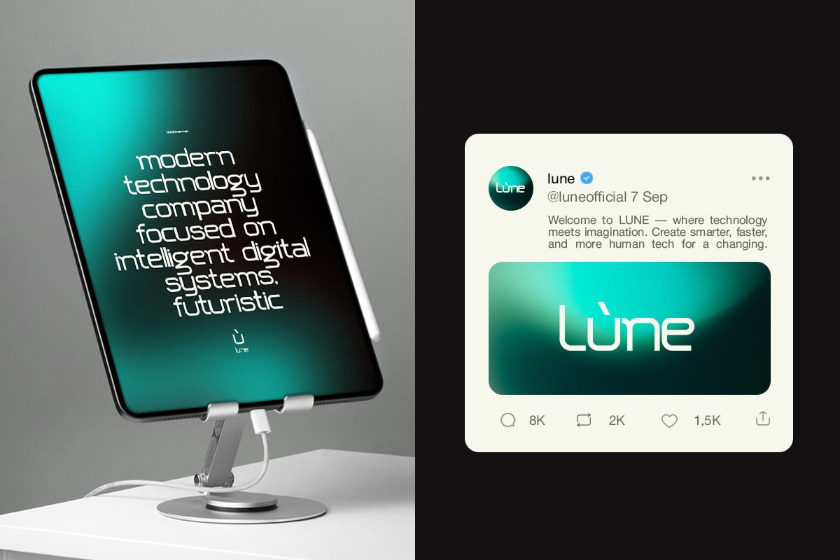 Tablet mockup showing turquoise gradient screen with tech company copy, plus social post mockup below