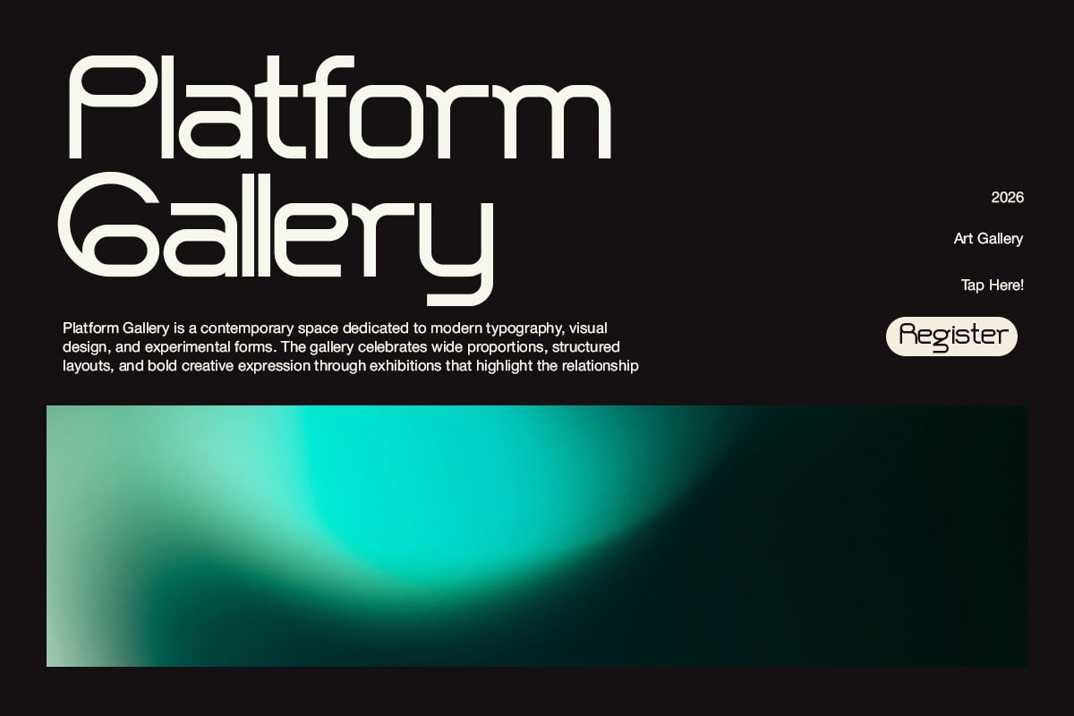 Platform Gallery website hero with bold typography on black background, mint gradient blur