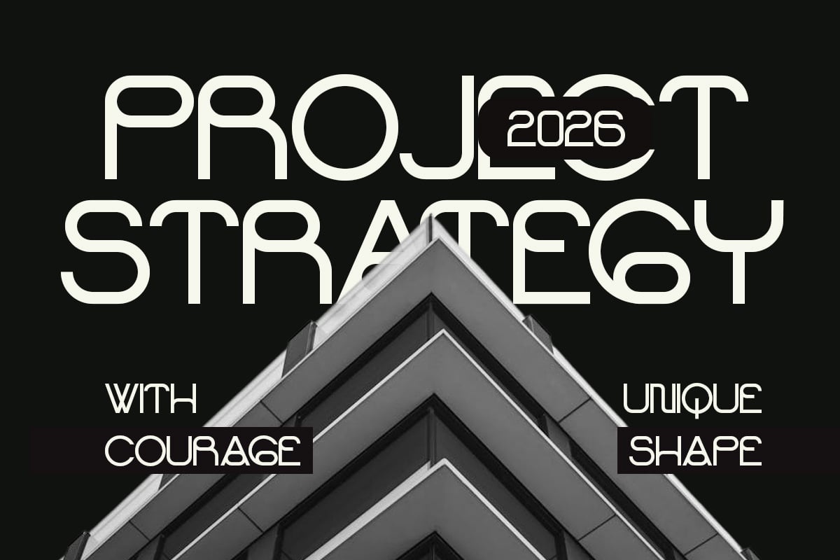 Bold geometric typography layered over a modern building corner with deep shadows