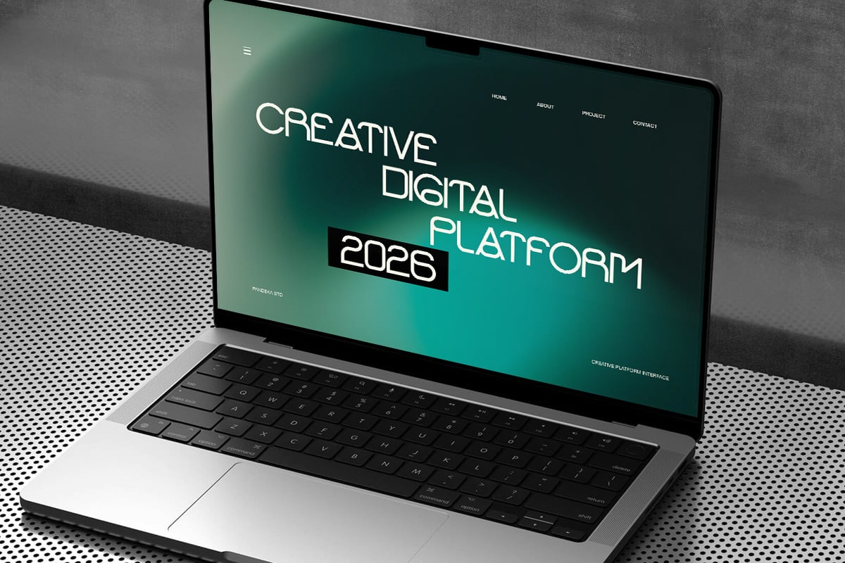 Laptop mockup showing teal gradient hero screen with bold white typography reading "CREATIVE DIGITAL PLATFORM 2026"