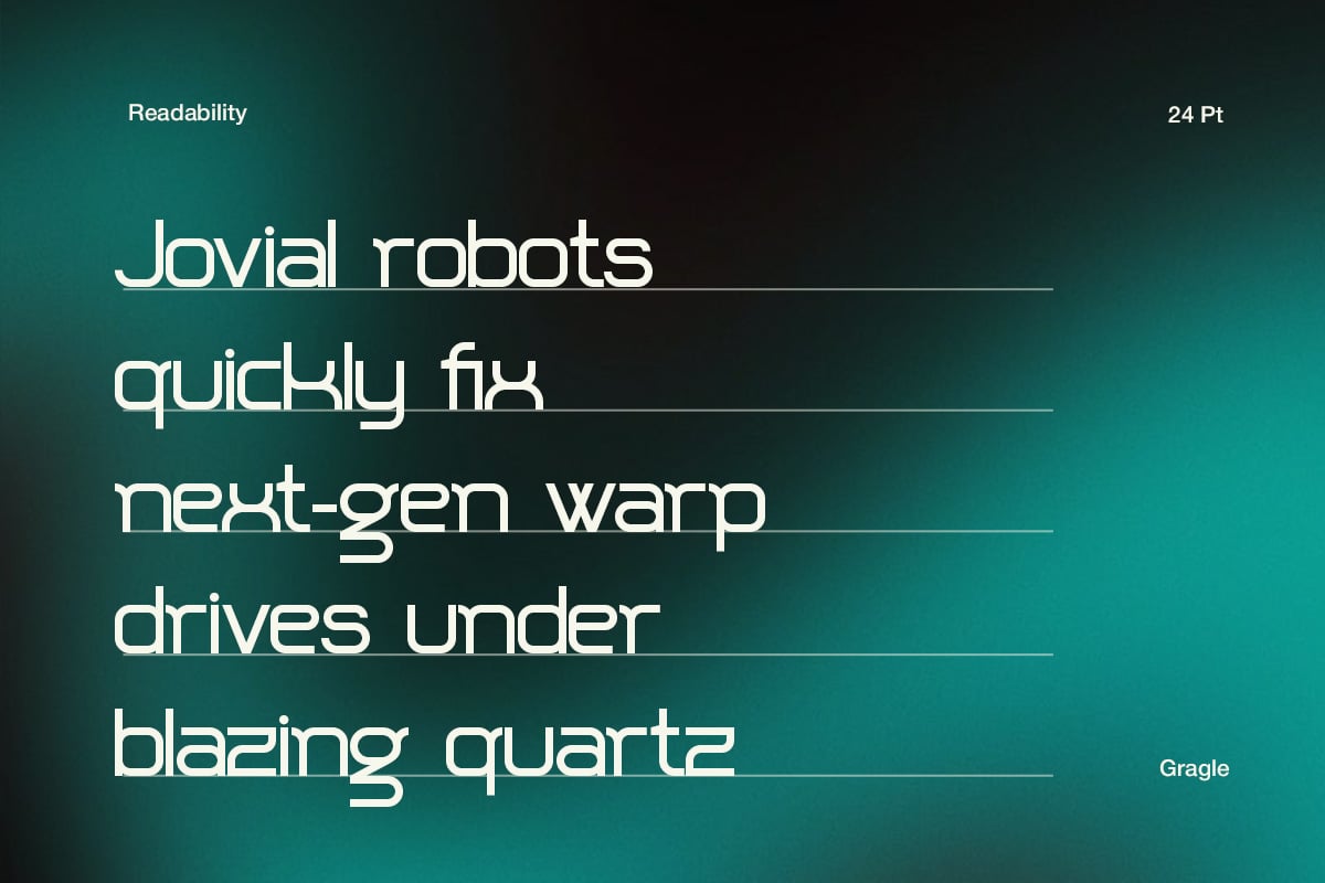 Gragle font specimen showing futuristic sans serif typeface at 24pt with sample text on teal background
