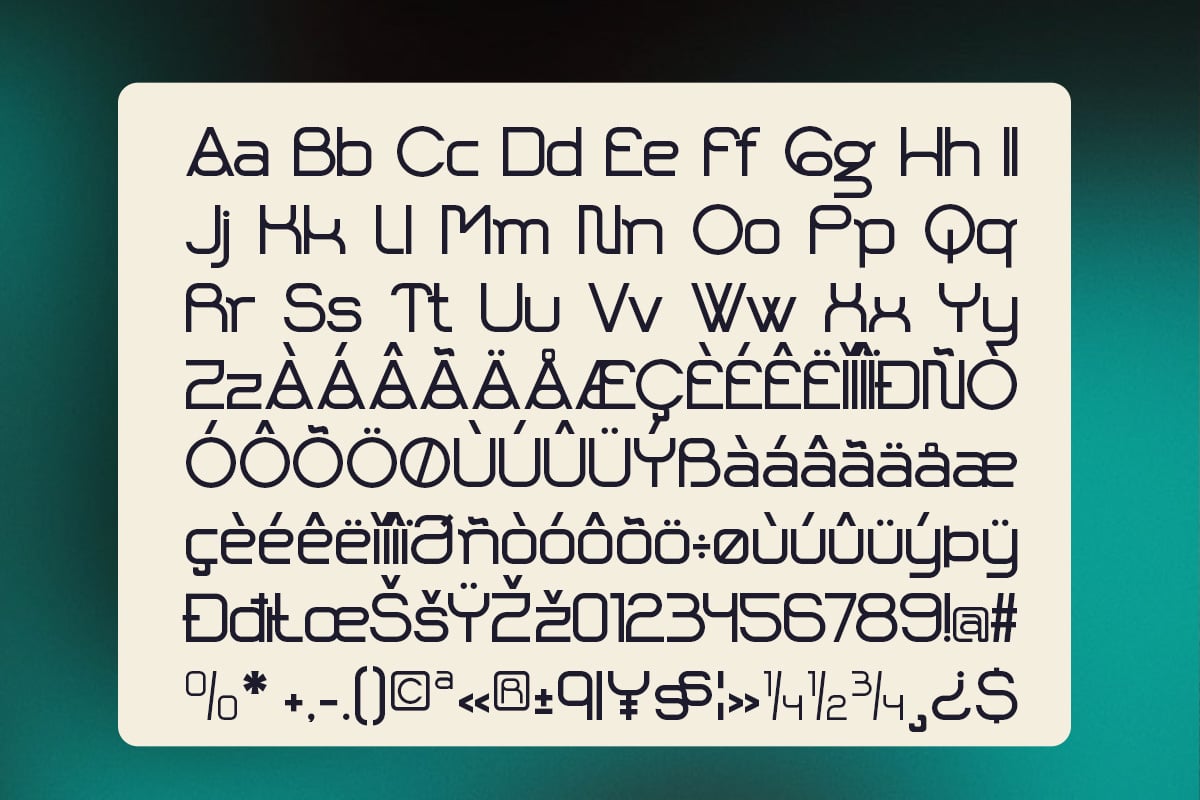Geometric sans serif font with extended character set showing full alphabet, accented letters, numbers, punctuation on cream background