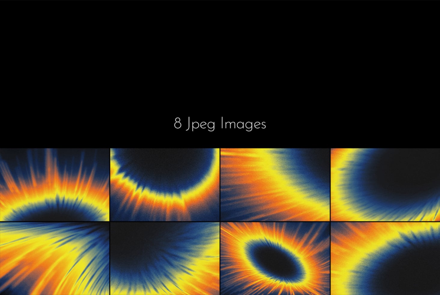 Eight vibrant fractal background images with orange, yellow, blue swirling energy patterns