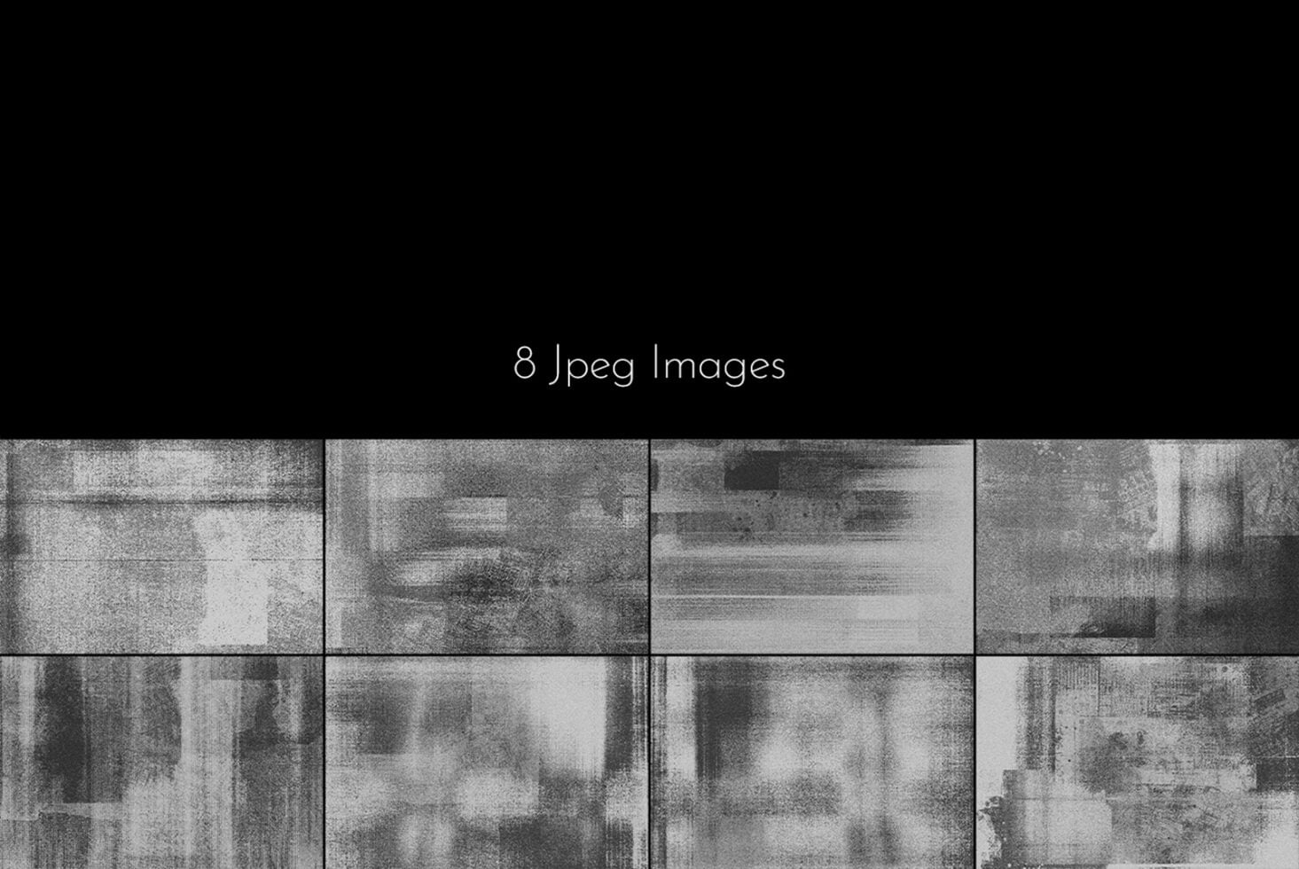 Eight grainy black-and-white JPEG images with glitchy scan lines, pixelated texture overlays, distorted effects