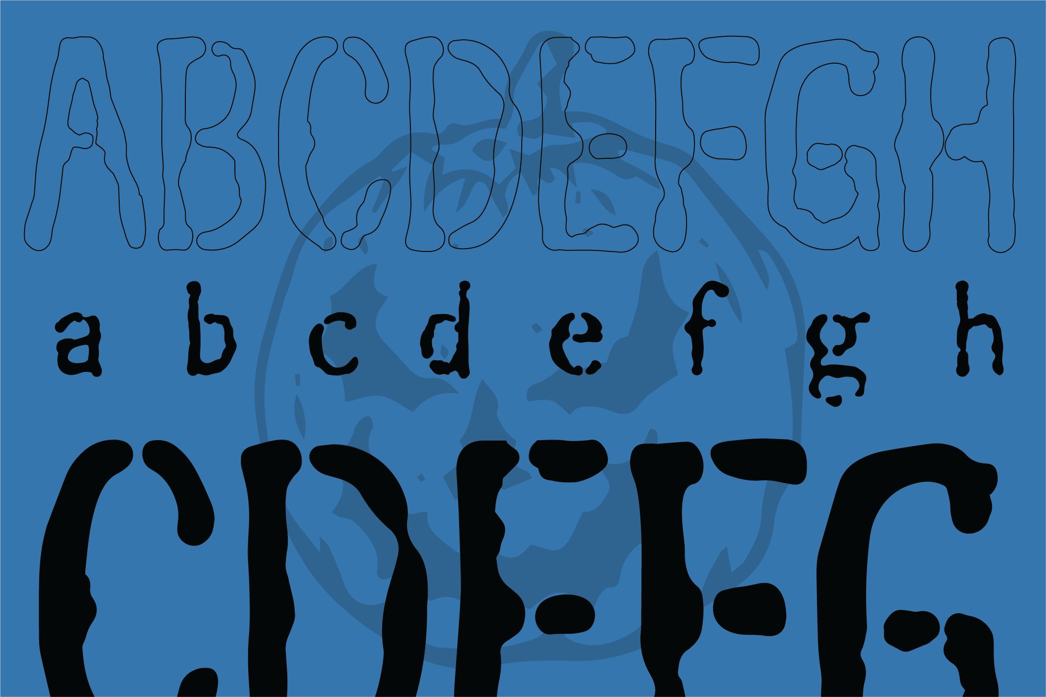 Font preview showing outline, regular, plus bold weights on blue background with watermark