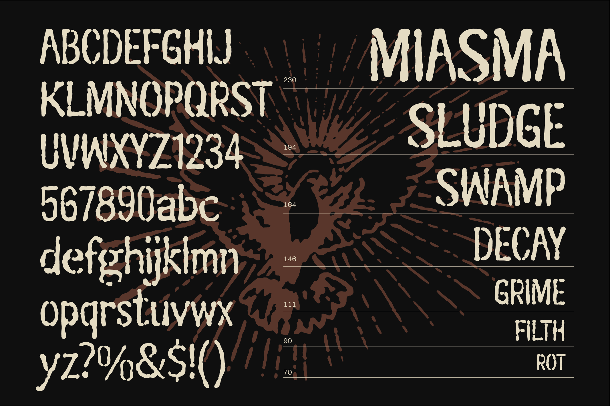Miasma Sludge font with distressed letters, numbers, symbols on dark background with measurement lines