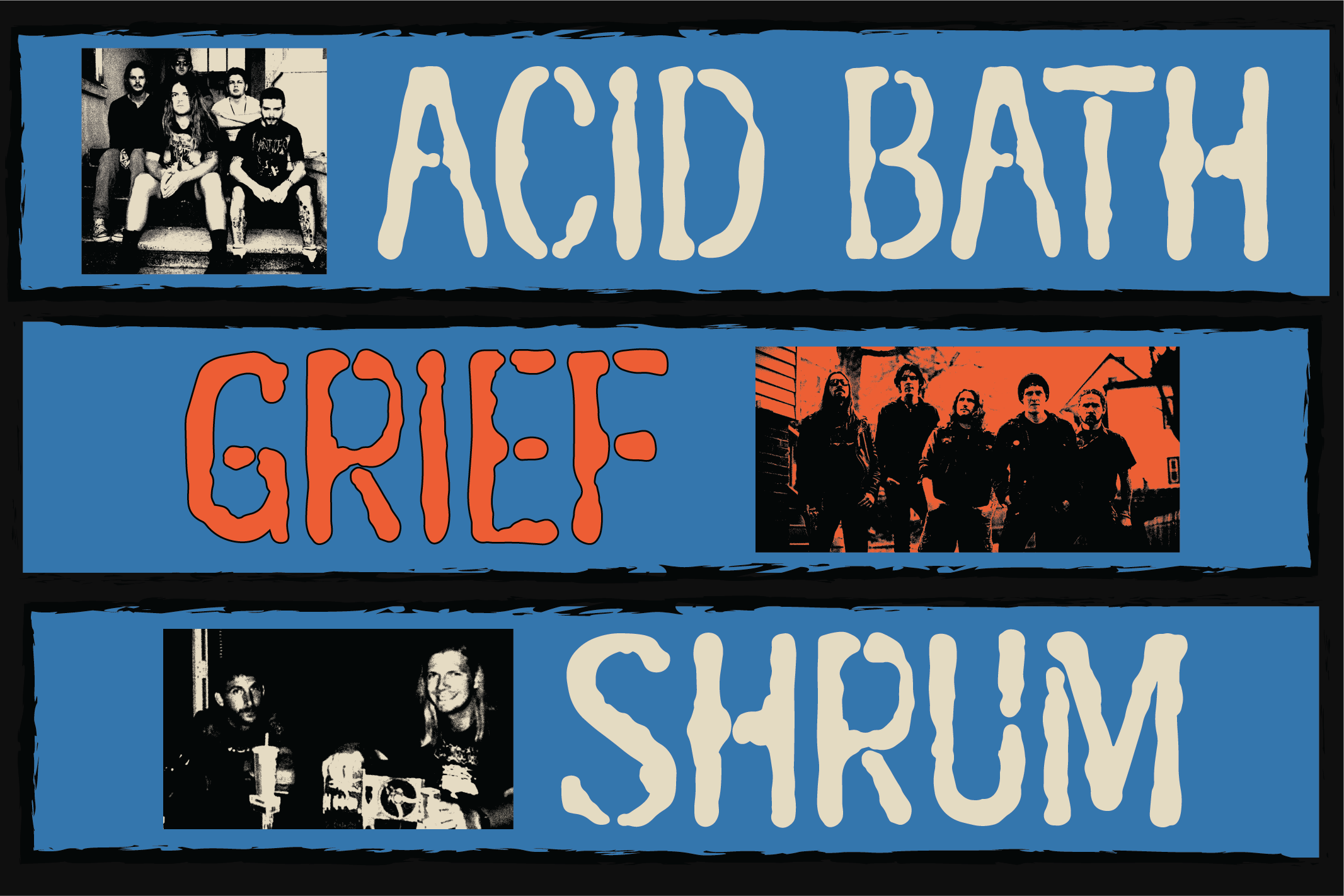 Retro band poster mockup with cream lettering, blue background, black photos of musicians